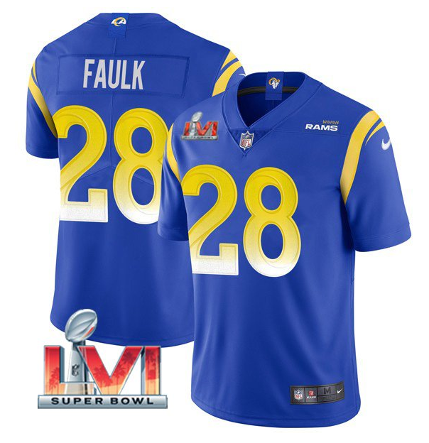 Men's Los Angeles Rams #28 Marshall Faulk 2022 Royal Super Bowl LVI Vapor Limited Stitched Jersey Men's Los Angeles Rams #28 Marshall Faulk 2022 Royal Super Bowl LVI Vapor Limited Stitched Jersey